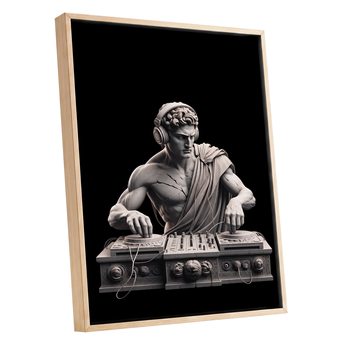 Marble Mixmaster, black, gray, white minimalist wall art shown as a oak framed canvas wall art