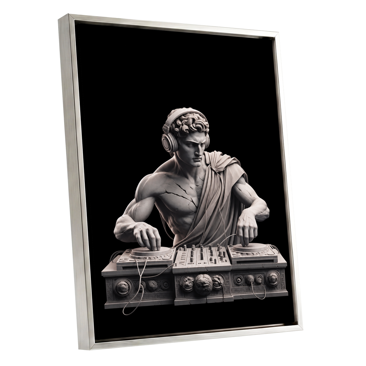 Marble Mixmaster, black, gray, white minimalist wall art shown as a silver framed canvas wall art