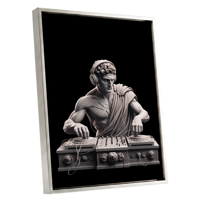 Marble Mixmaster, black, gray, white minimalist wall art shown as a silver framed canvas wall art