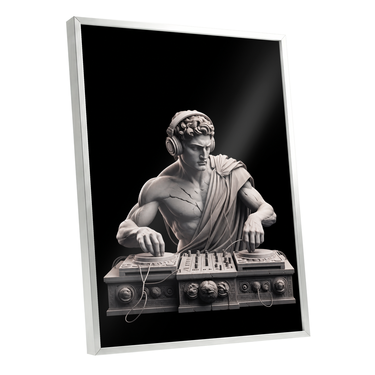 Marble Mixmaster, black, gray, white minimalist wall art shown as a silver framed poster wall art print