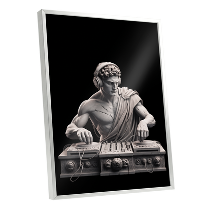 Marble Mixmaster, black, gray, white minimalist wall art shown as a silver framed poster wall art print