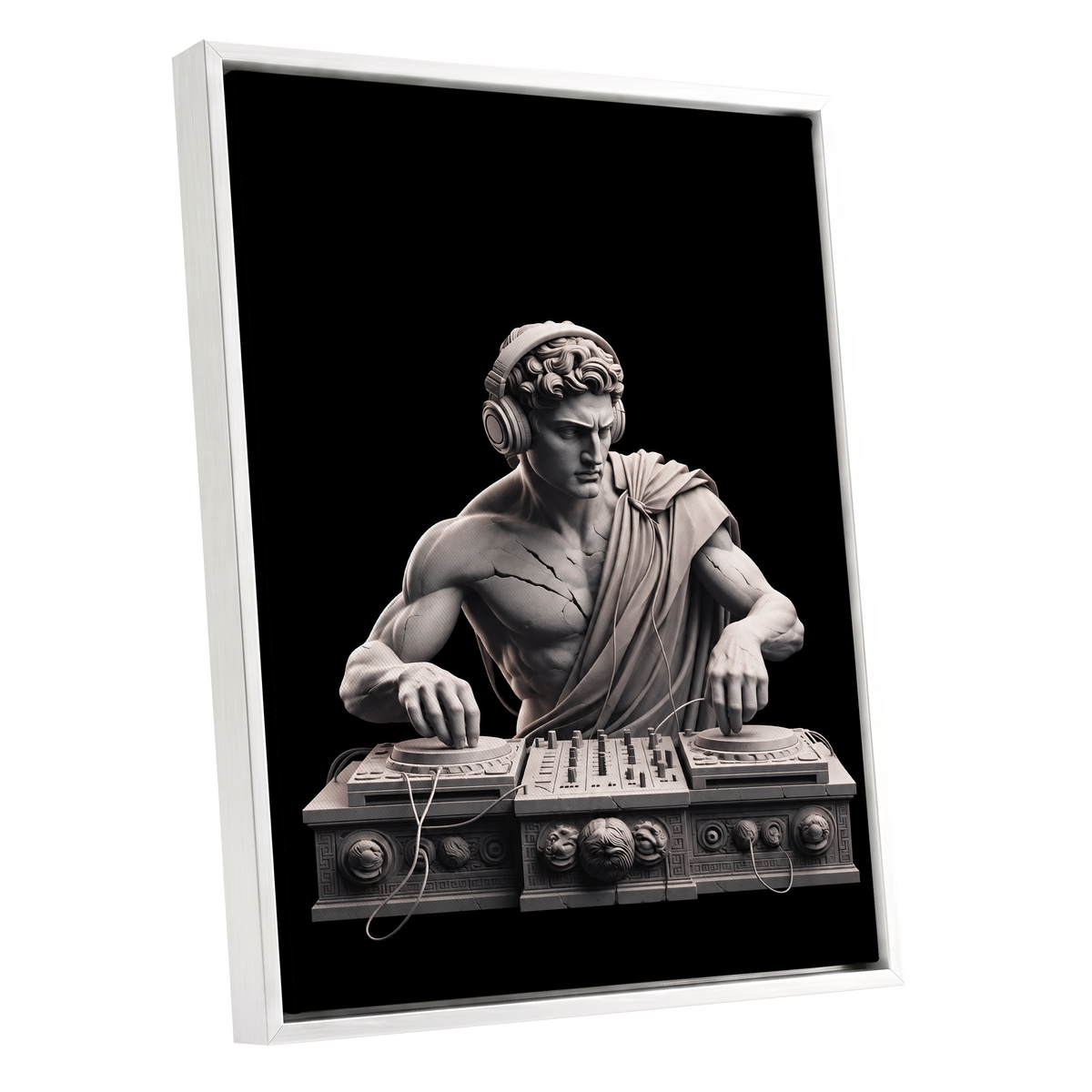 Marble Mixmaster, black, gray, white minimalist wall art shown as a white framed canvas wall art