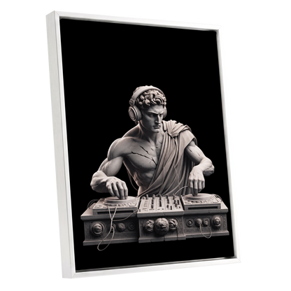 Marble Mixmaster, black, gray, white minimalist wall art shown as a white framed canvas wall art