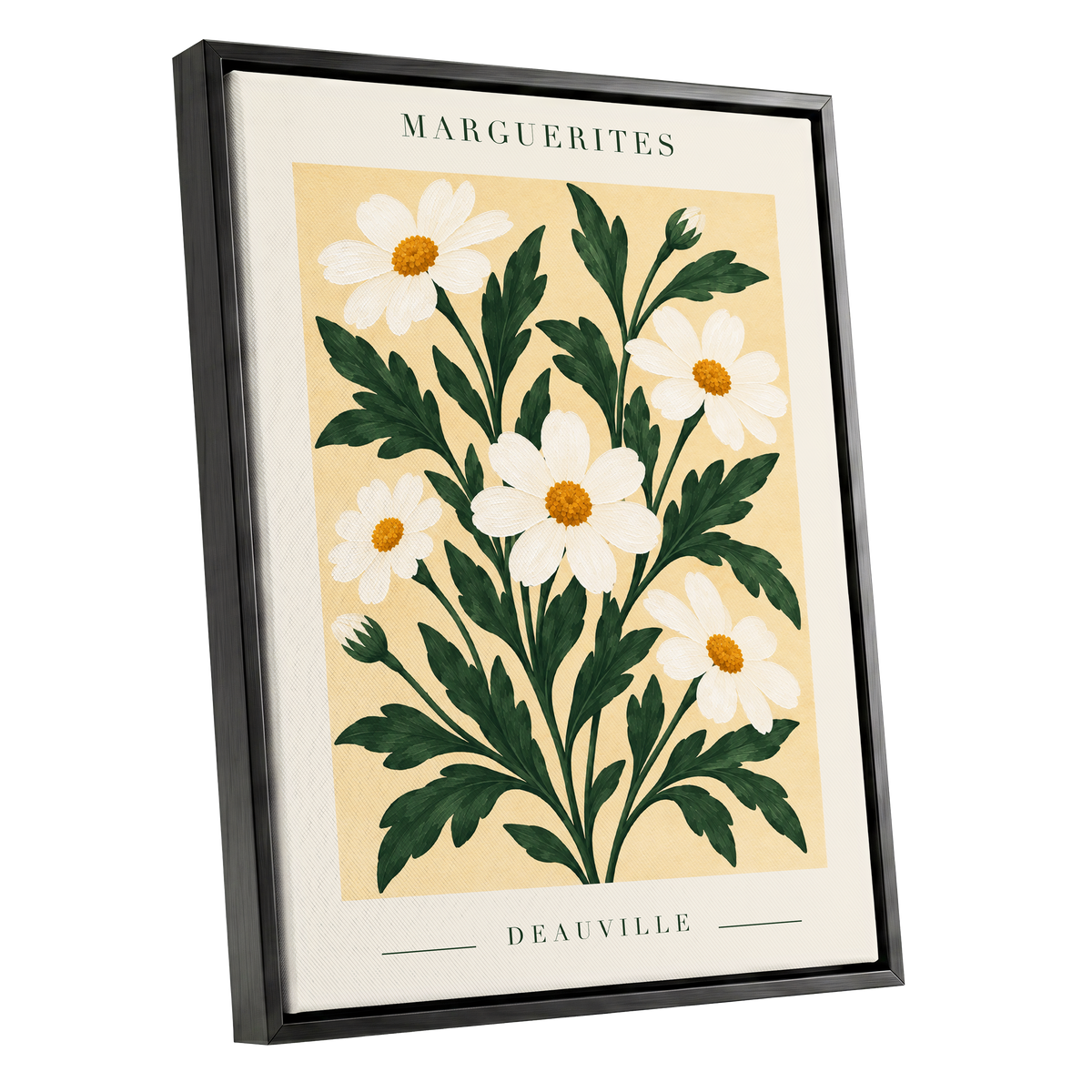 Marguerite Garden, green, beige, white floral wall art shown as a black framed canvas wall art