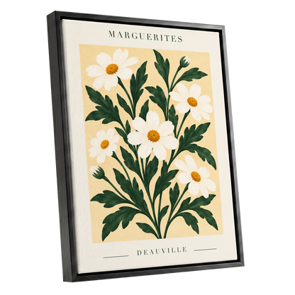 Marguerite Garden, green, beige, white floral wall art shown as a black framed canvas wall art