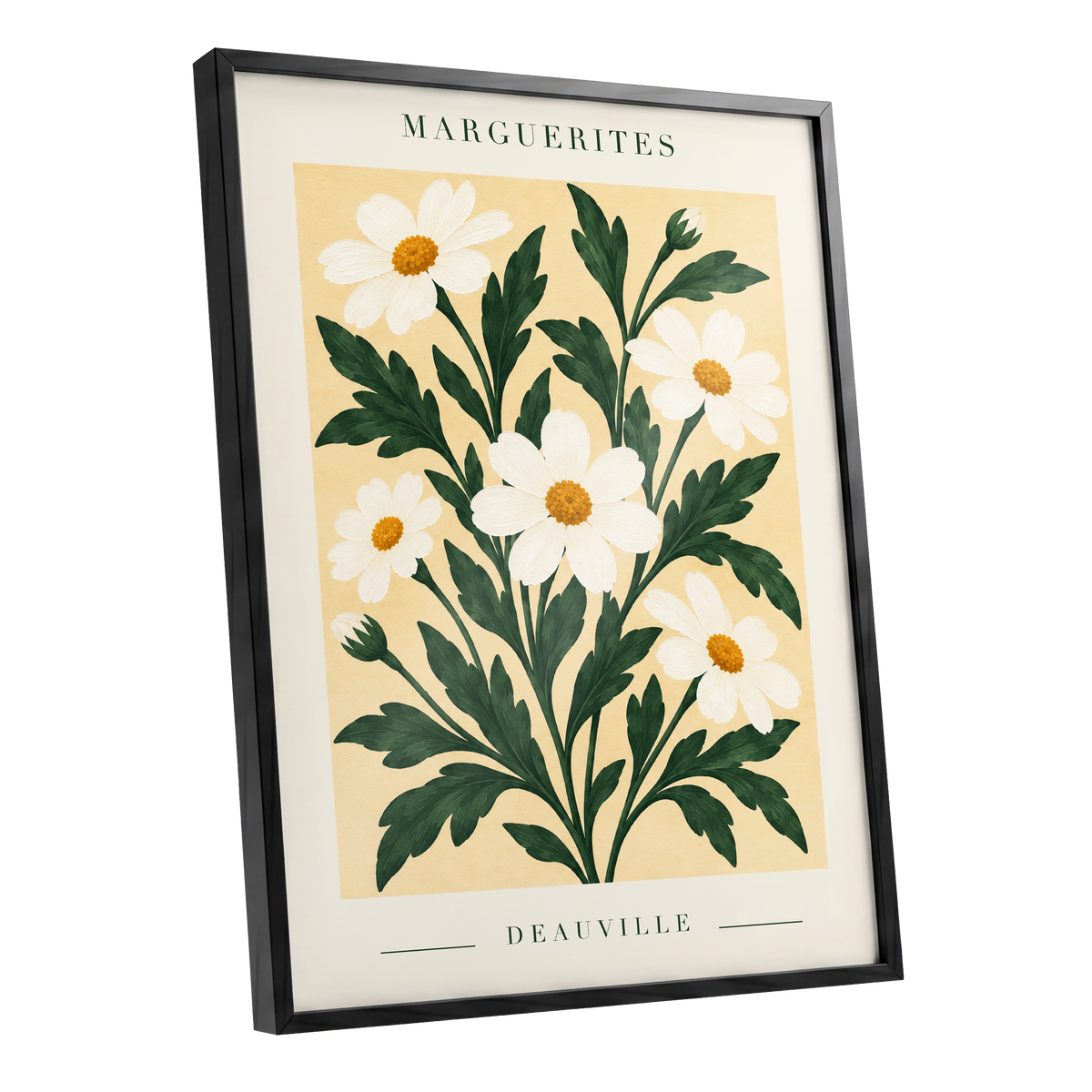 Marguerite Garden, green, beige, white floral wall art shown as a black framed poster wall art print