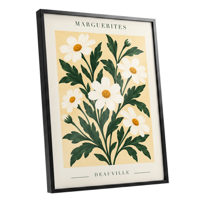 Marguerite Garden, green, beige, white floral wall art shown as a black framed poster wall art print