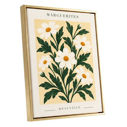 Marguerite Garden, green, beige, white floral wall art shown as a gold framed canvas wall art