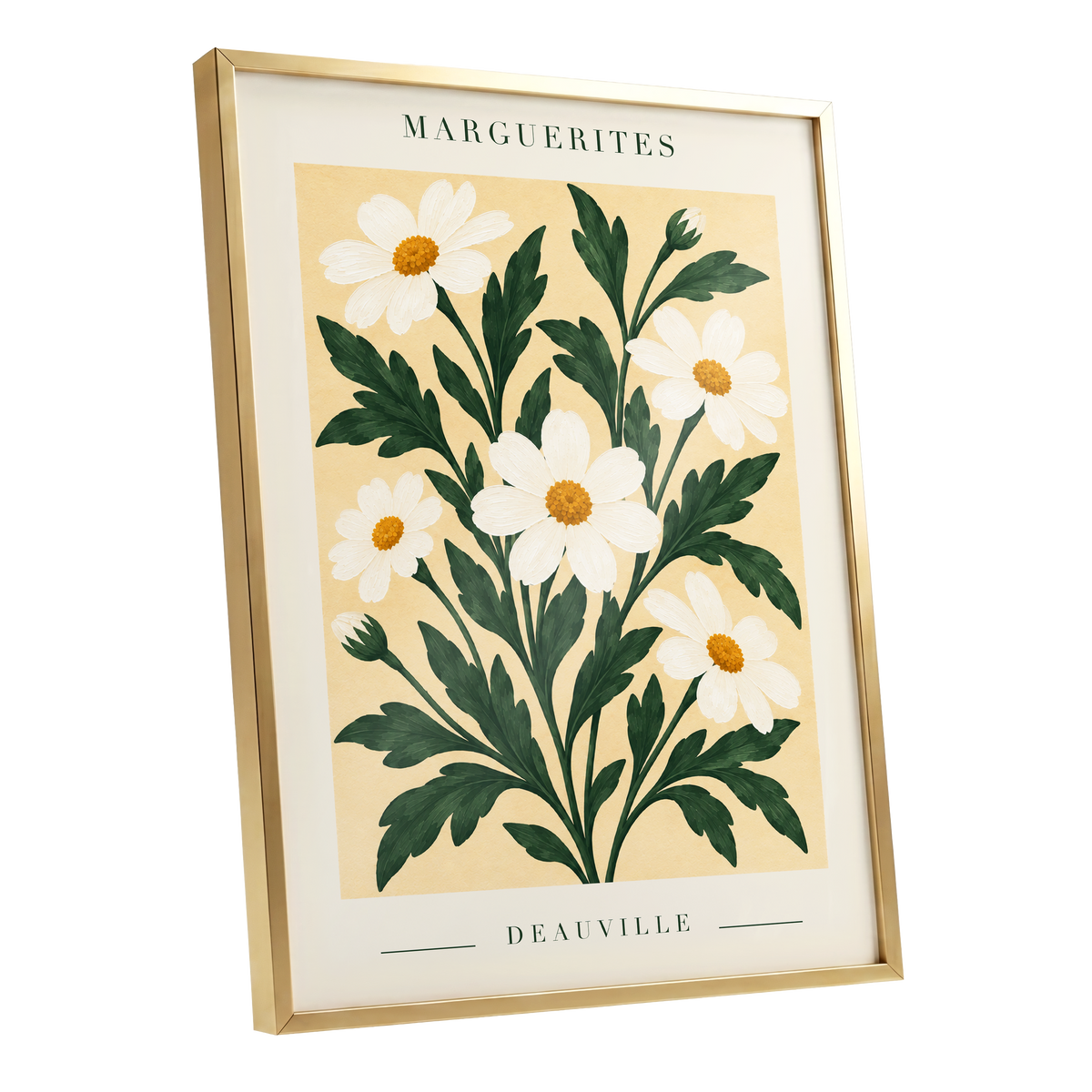 Marguerite Garden, green, beige, white floral wall art shown as a gold framed poster wall art print