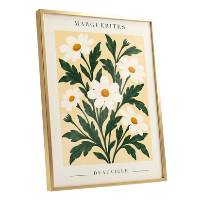 Marguerite Garden, green, beige, white floral wall art shown as a gold framed poster wall art print