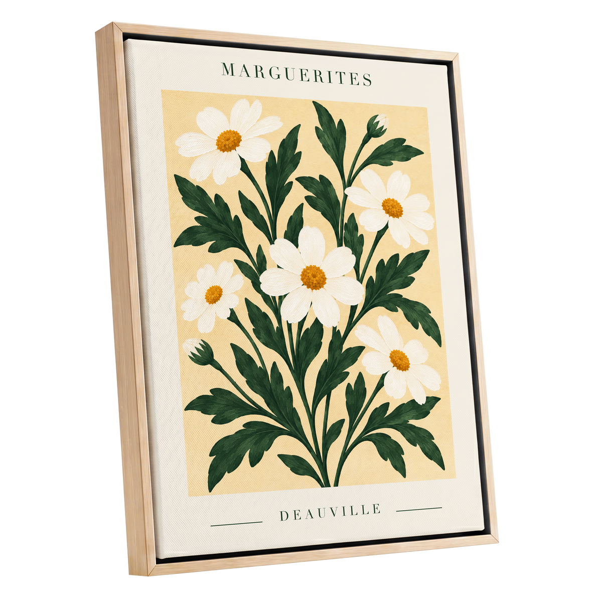 Marguerite Garden, green, beige, white floral wall art shown as a oak framed canvas wall art