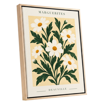 Marguerite Garden, green, beige, white floral wall art shown as a oak framed canvas wall art