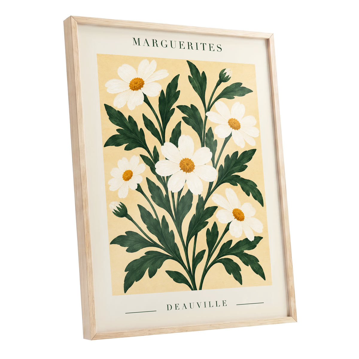 Marguerite Garden, green, beige, white floral wall art shown as a oak framed poster wall art print