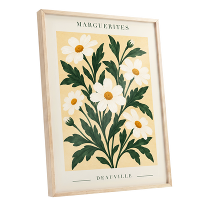 Marguerite Garden, green, beige, white floral wall art shown as a oak framed poster wall art print