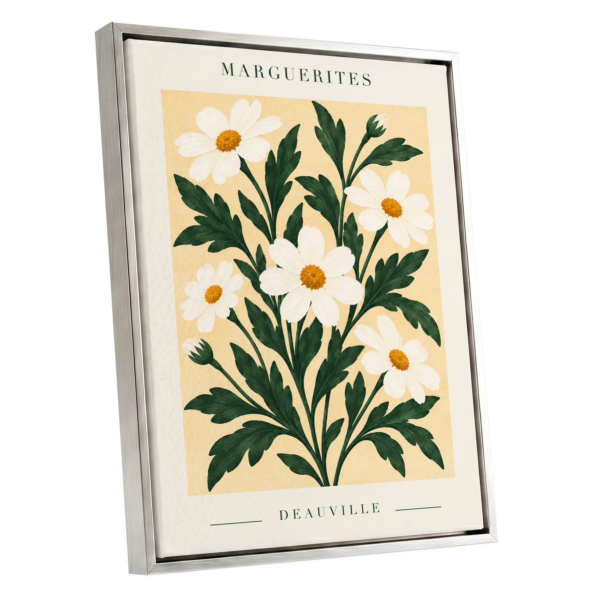 Marguerite Garden, green, beige, white floral wall art shown as a silver framed canvas wall art