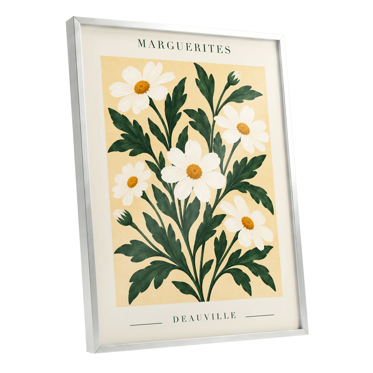 Marguerite Garden, green, beige, white floral wall art shown as a silver framed poster wall art print