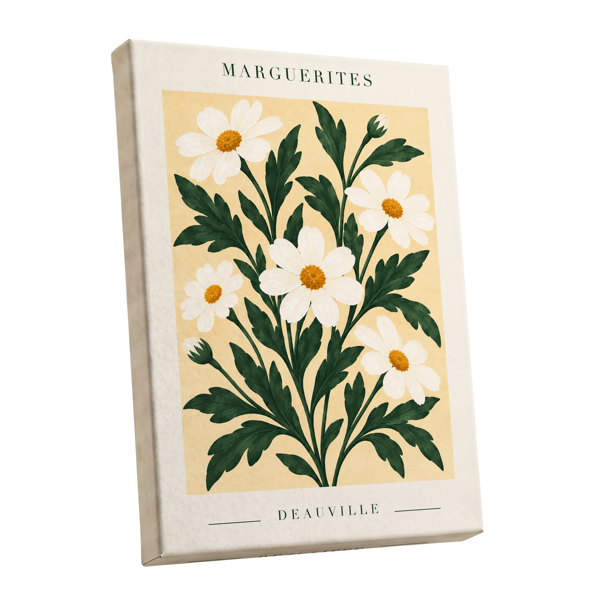 Marguerite Garden, green, beige, white floral wall art shown as a stretched canvas wall art