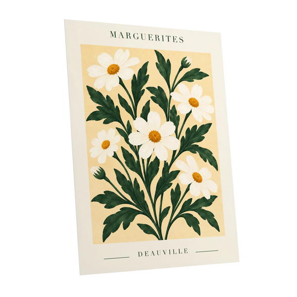 Marguerite Garden, green, beige, white floral wall art shown as a unframed poster wall art print
