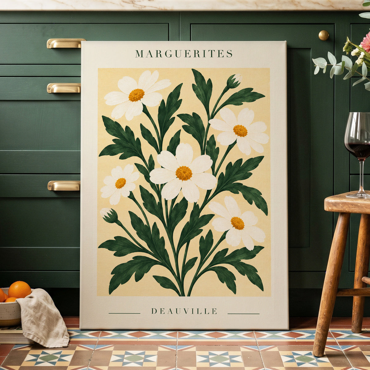 Marguerite Garden, green, beige, white floral wall art displayed in a styled interior, gallery view 3