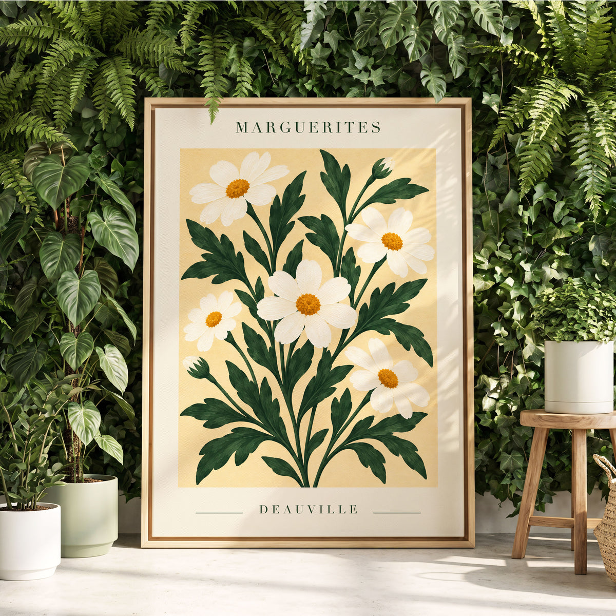 Marguerite Garden, green, beige, white floral wall art displayed in a styled interior, gallery view 4