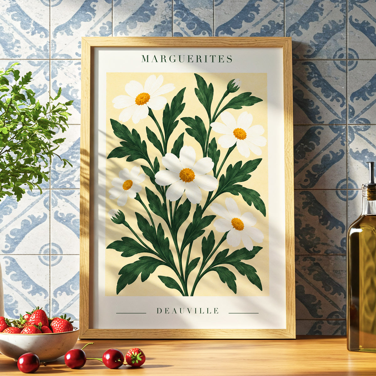 Marguerite Garden, green, beige, white floral wall art displayed in a styled interior, gallery view 6