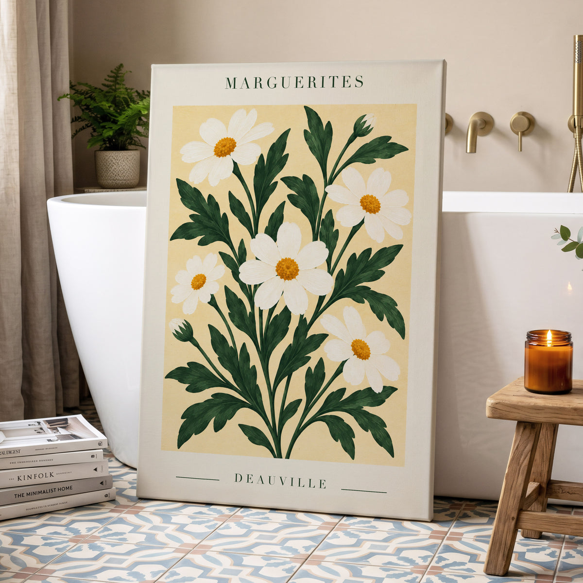 Marguerite Garden, green, beige, white floral wall art displayed in a styled interior, gallery view 7