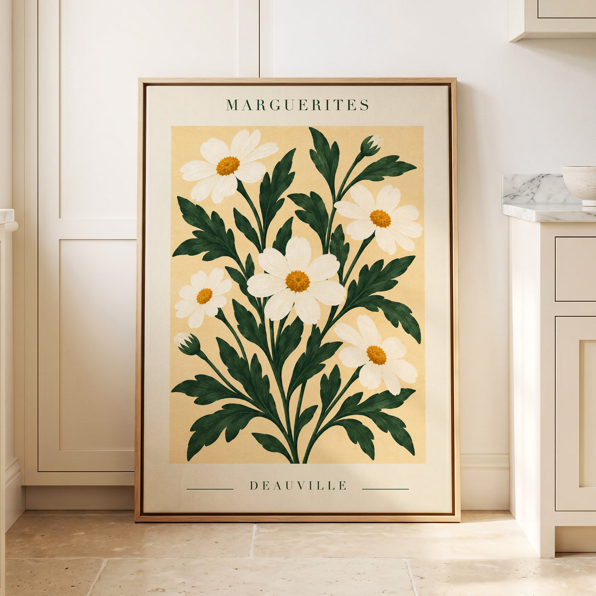 Marguerite Garden, green, beige, white floral wall art displayed in a styled interior, gallery view 8