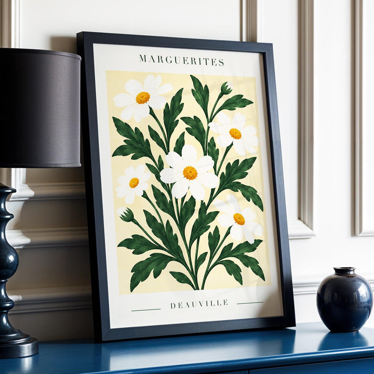 Marguerite Garden, green, beige, white floral wall art displayed in a styled interior, gallery view 9