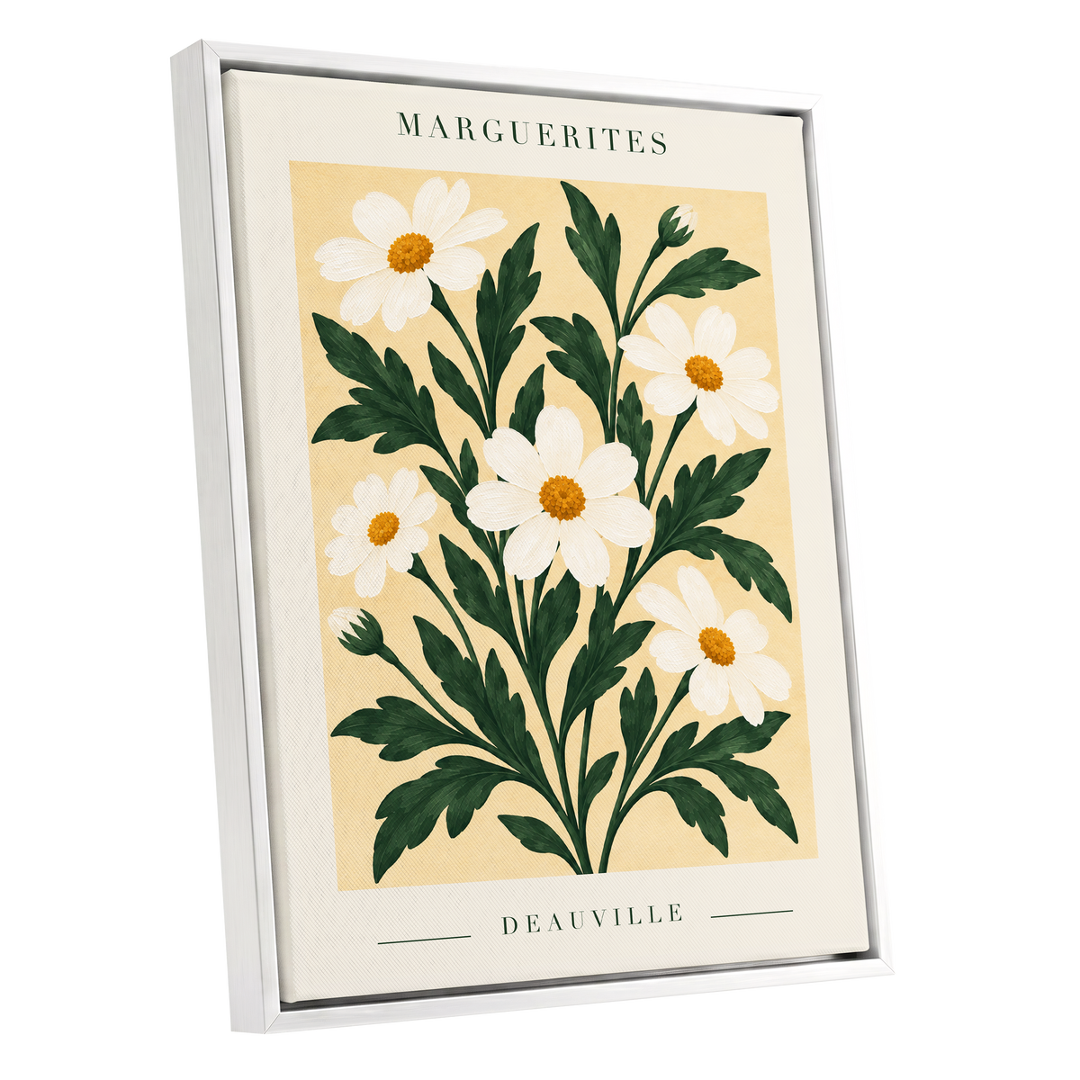 Marguerite Garden, green, beige, white floral wall art shown as a white framed canvas wall art