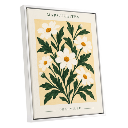 Marguerite Garden, green, beige, white floral wall art shown as a white framed canvas wall art