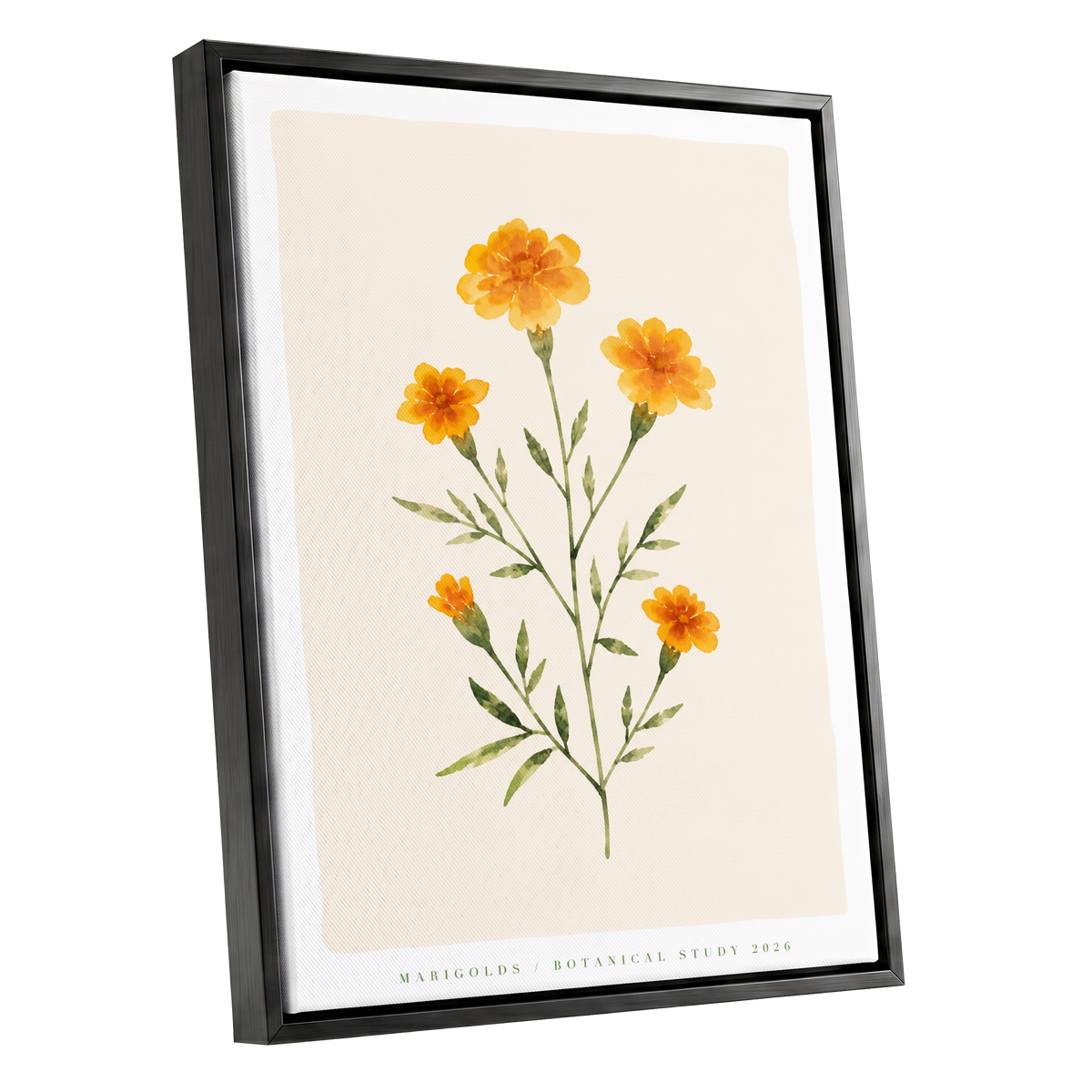 Marigold Reverie, orange, green, beige floral wall art shown as a black framed canvas wall art