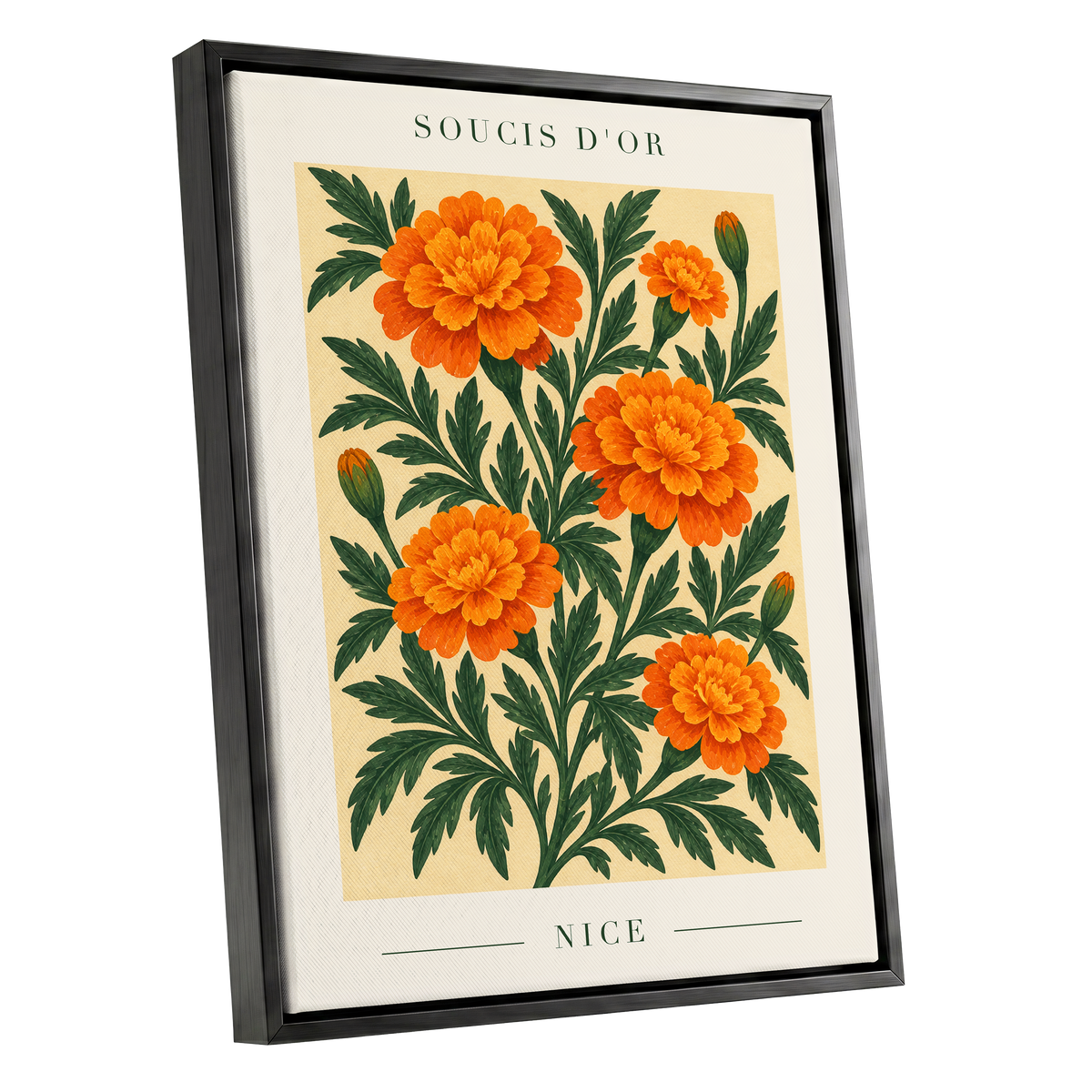 Marigold Reverie, orange, green, beige floral wall art shown as a black framed canvas wall art