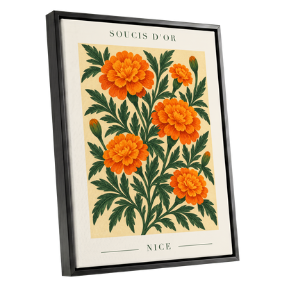 Marigold Reverie, orange, green, beige floral wall art shown as a black framed canvas wall art