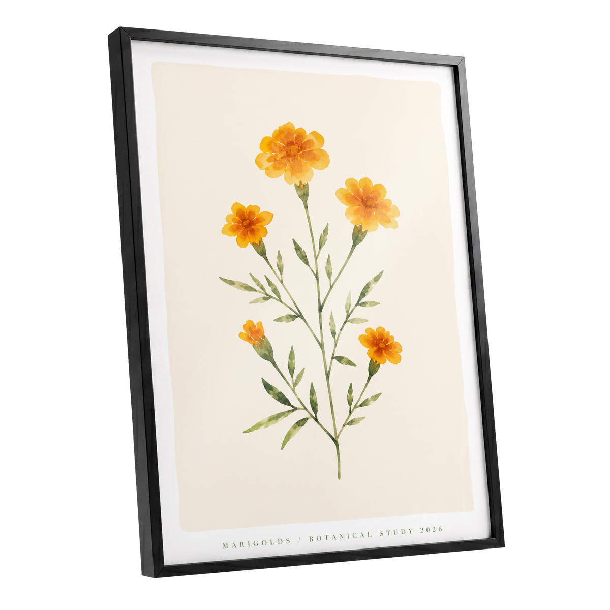 Marigold Reverie, orange, green, beige floral wall art shown as a black framed poster wall art print