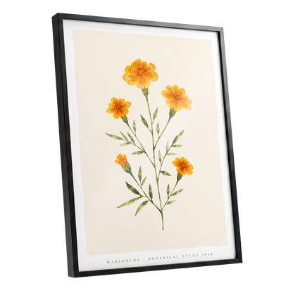Marigold Reverie, orange, green, beige floral wall art shown as a black framed poster wall art print