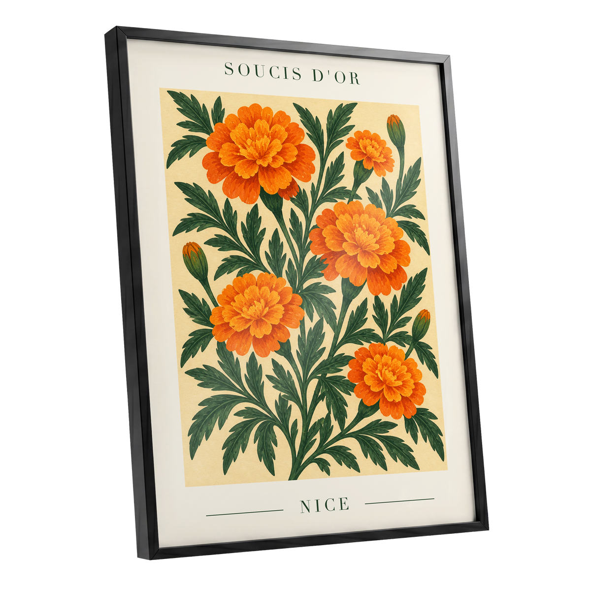 Marigold Reverie, orange, green, beige floral wall art shown as a black framed poster wall art print