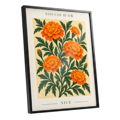 Marigold Reverie, orange, green, beige floral wall art shown as a black framed poster wall art print
