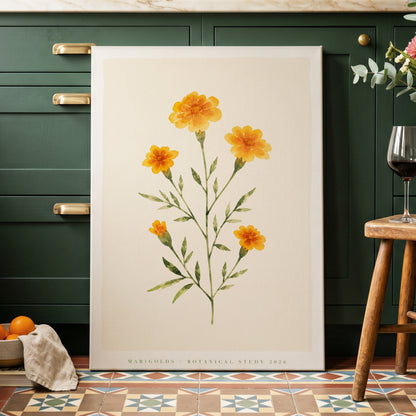 Marigold Reverie, orange, green, beige floral wall art on canvas displayed in a styled interior, gallery view 1