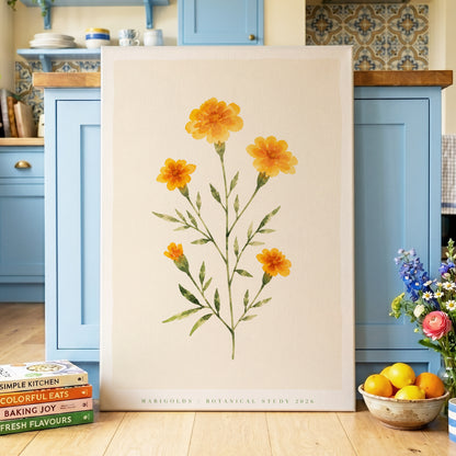 Marigold Reverie, orange, green, beige floral wall art on canvas displayed in a styled interior, gallery view 2