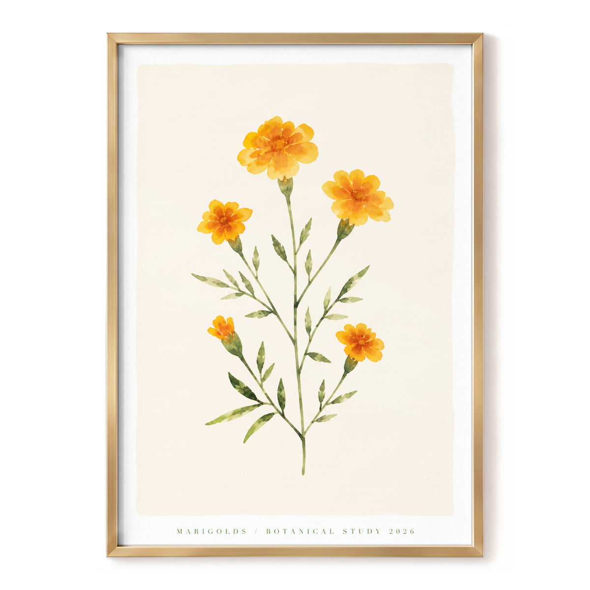 Marigold Reverie, orange, green, beige floral wall art, front artwork view