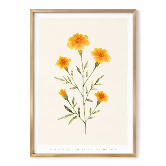 Marigold Reverie, orange, green, beige floral wall art, front artwork view