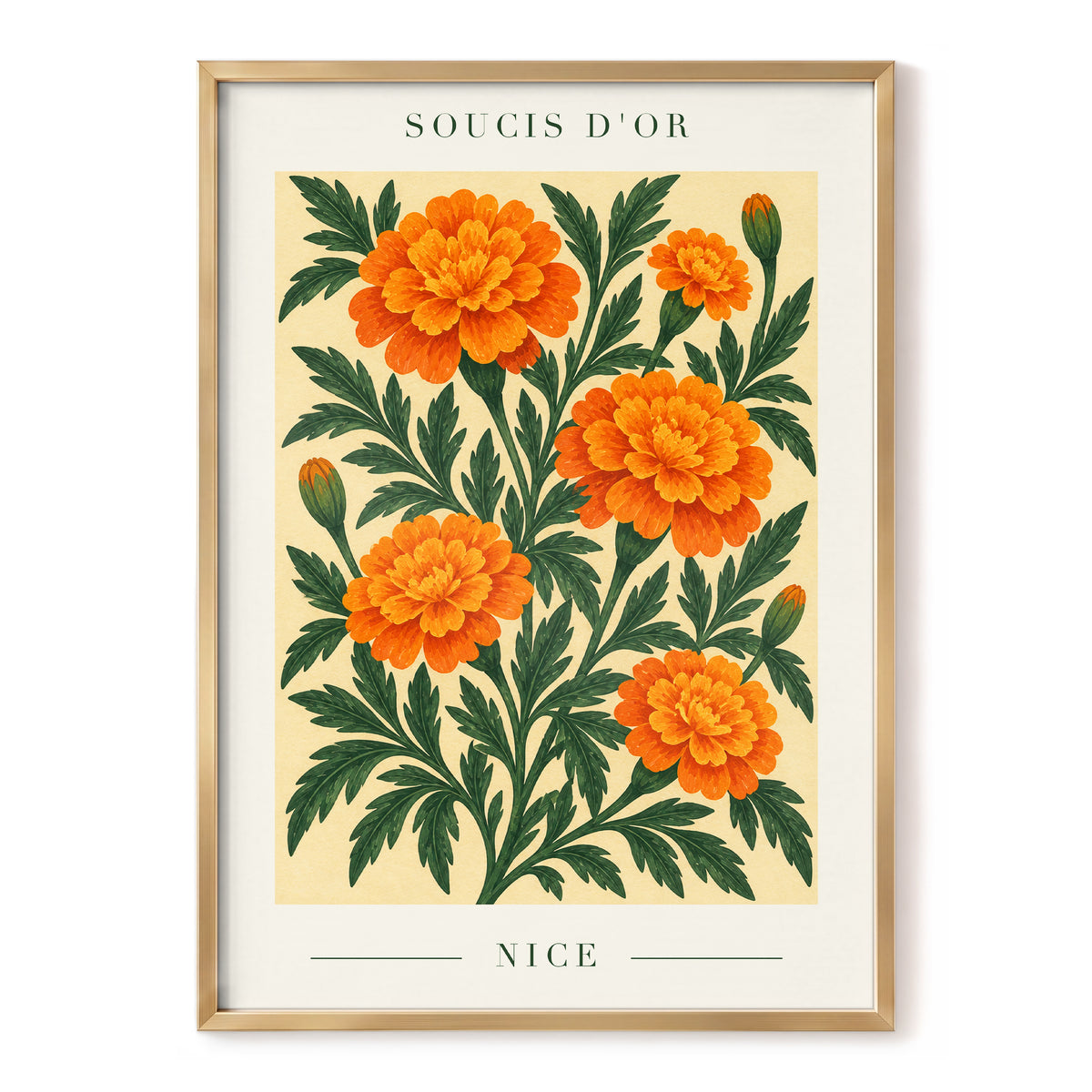 Marigold Reverie, orange, green, beige floral wall art, front artwork view