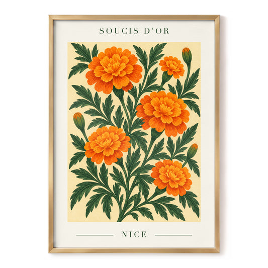 Marigold Reverie, orange, green, beige floral wall art, front artwork view