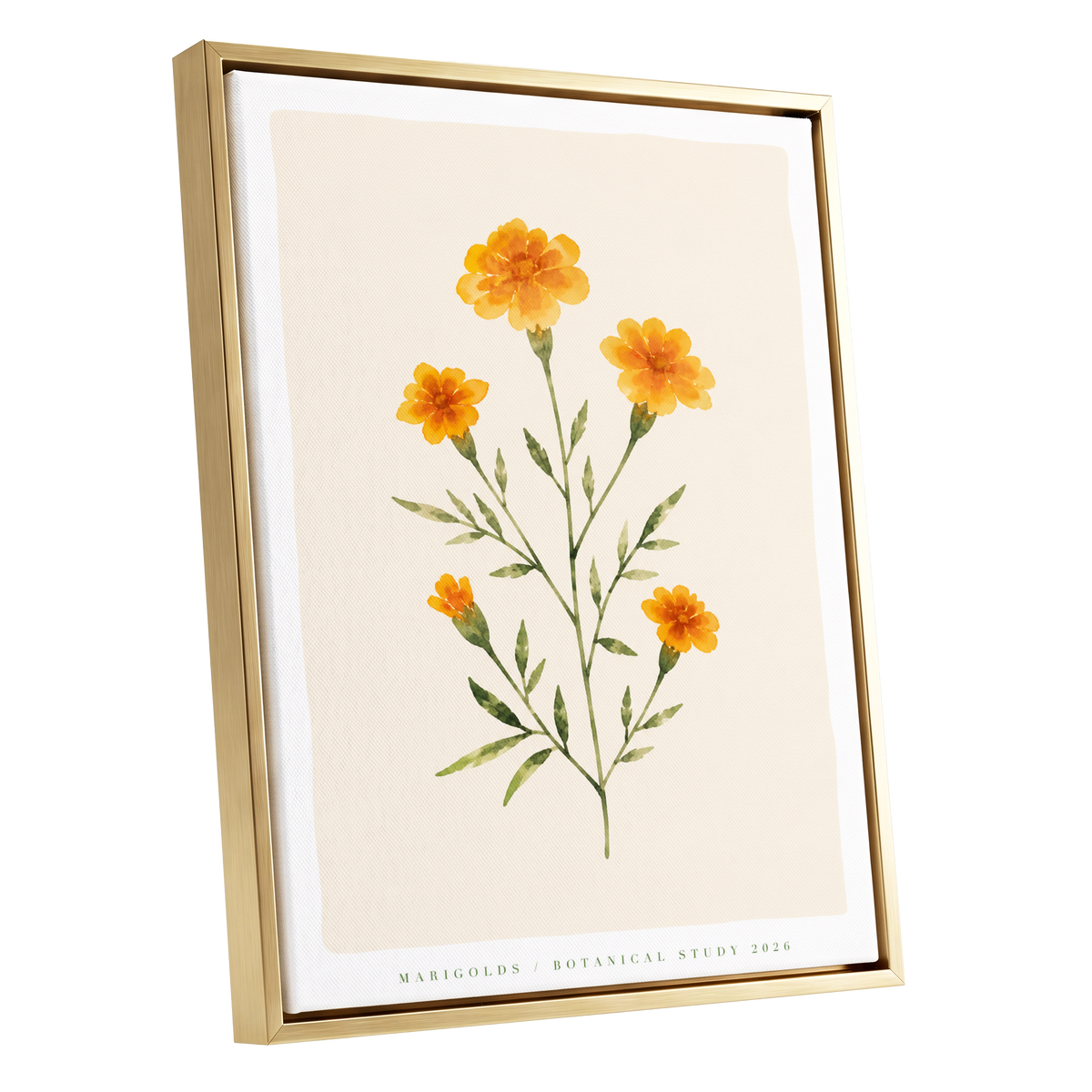 Marigold Reverie, orange, green, beige floral wall art shown as a gold framed canvas wall art