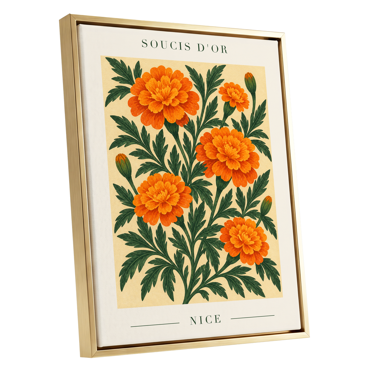 Marigold Reverie, orange, green, beige floral wall art shown as a gold framed canvas wall art