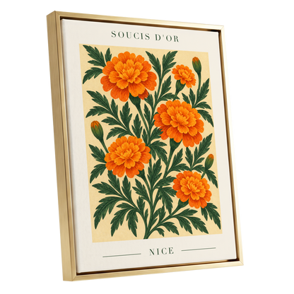 Marigold Reverie, orange, green, beige floral wall art shown as a gold framed canvas wall art