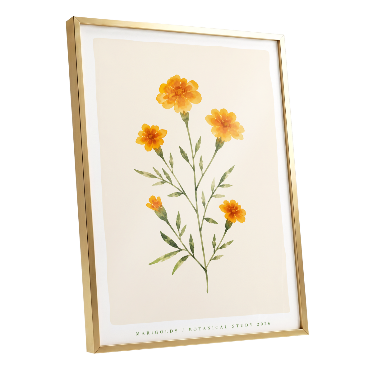 Marigold Reverie, orange, green, beige floral wall art shown as a gold framed poster wall art print