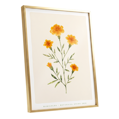Marigold Reverie, orange, green, beige floral wall art shown as a gold framed poster wall art print