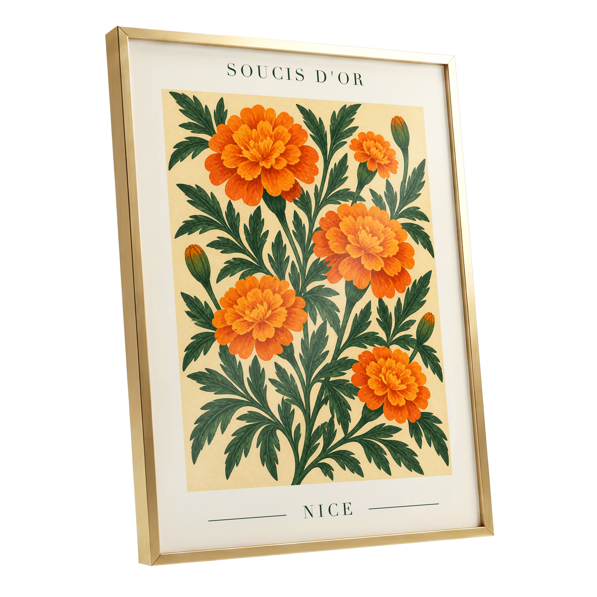 Marigold Reverie, orange, green, beige floral wall art shown as a gold framed poster wall art print
