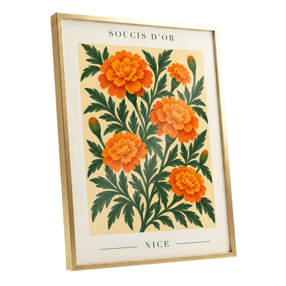 Marigold Reverie, orange, green, beige floral wall art shown as a gold framed poster wall art print